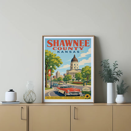 Shawnee County, Kansas, poster with vintage cars and buildings.