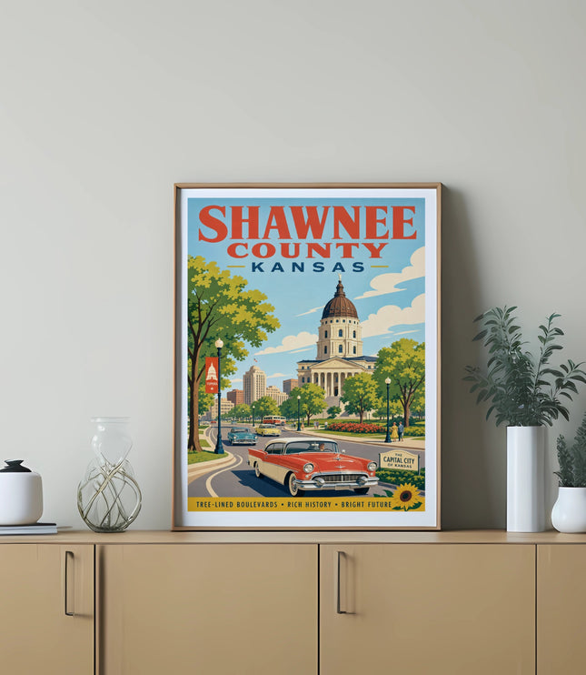 Shawnee County, Kansas, poster with vintage cars and buildings.
