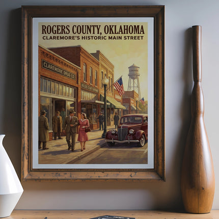 Vintage poster of Claremore's historic Main Street with people and a classic car.