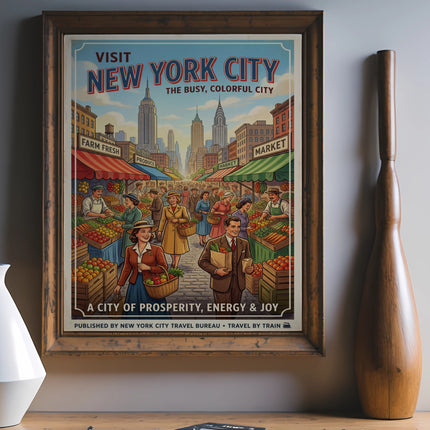 Vintage New York City travel poster with market scene and text.