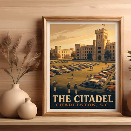 "The Citadel" poster features a vintage scene of a military academy and many parked cars.