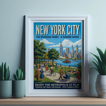 New York City Riverside Parks summer haven poster with people enjoying activities.