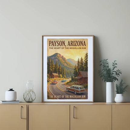 Payson, Arizona travel poster with cars on a scenic road.