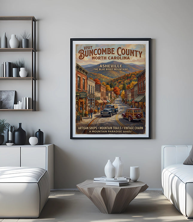 Vintage travel poster for Buncombe County, North Carolina featuring Asheville.
