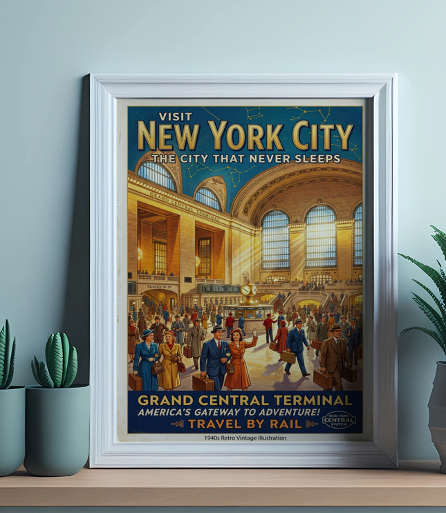 Visit New York City vintage travel poster for Grand Central Terminal.