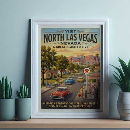 Visit North Las Vegas, Nevada poster with vintage cars and buildings.