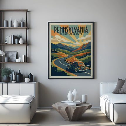 Vintage truck drives on a winding road through Pennsylvania mountains.