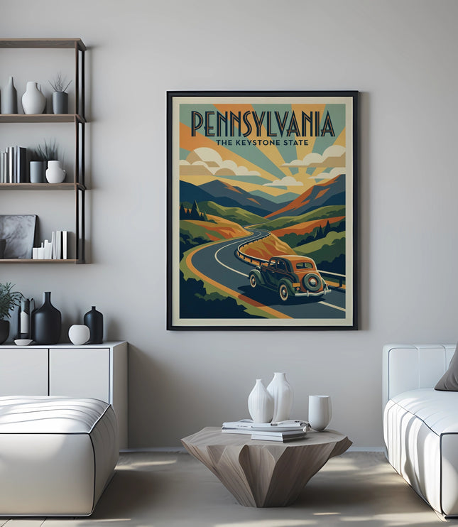 Vintage truck drives on a winding road through Pennsylvania mountains.
