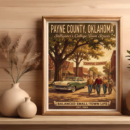 Poster of Payne County, Oklahoma with a vintage car, people, and "Campus Corner" sign.