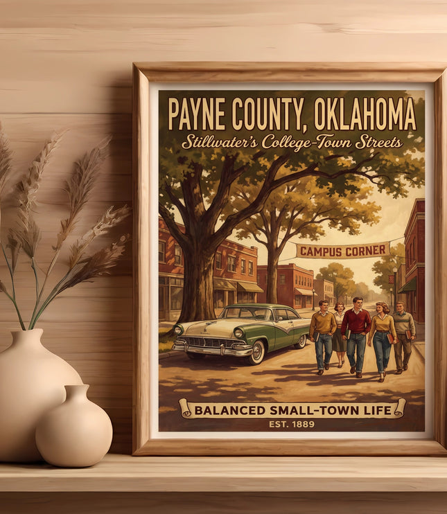 Poster of Payne County, Oklahoma with a vintage car, people, and "Campus Corner" sign.