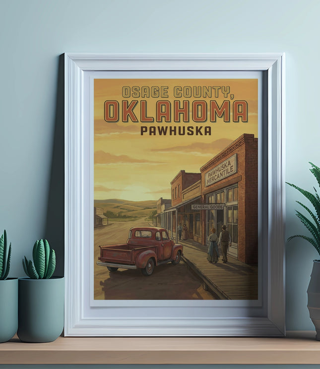 Vintage poster of Pawhuska, Osage County, Oklahoma with a red truck