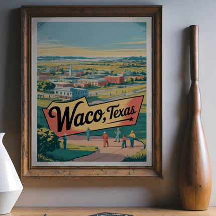 Vintage poster for Waco, Texas with a cityscape and people.