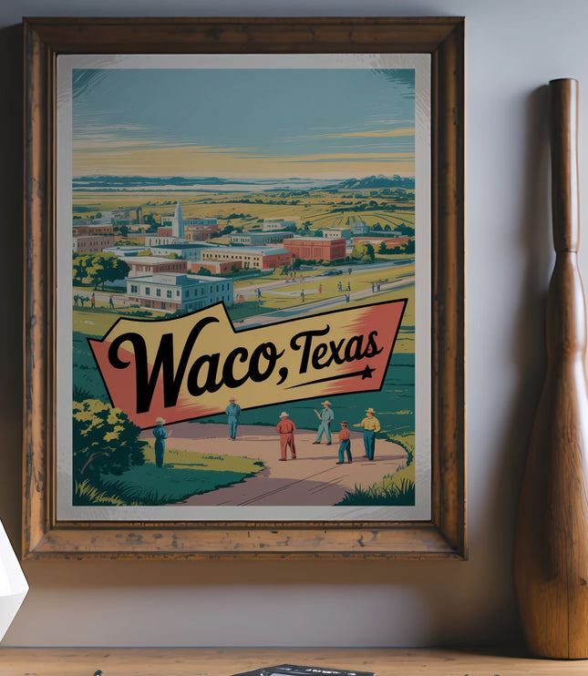 Vintage poster for Waco, Texas with a cityscape and people.