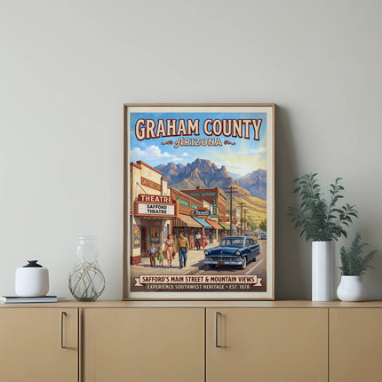Graham County Arizona vintage travel poster featuring Safford's Main Street with mountains.