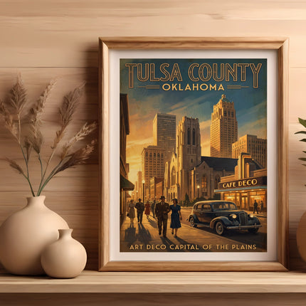 Tulsa County Oklahoma Art Deco poster with city skyline and old car.