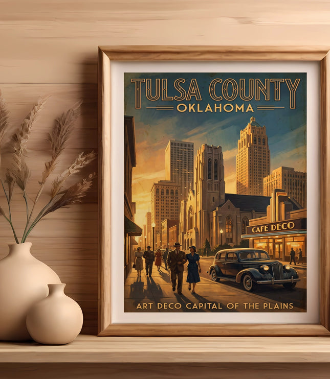 Tulsa County Oklahoma Art Deco poster with city skyline and old car.