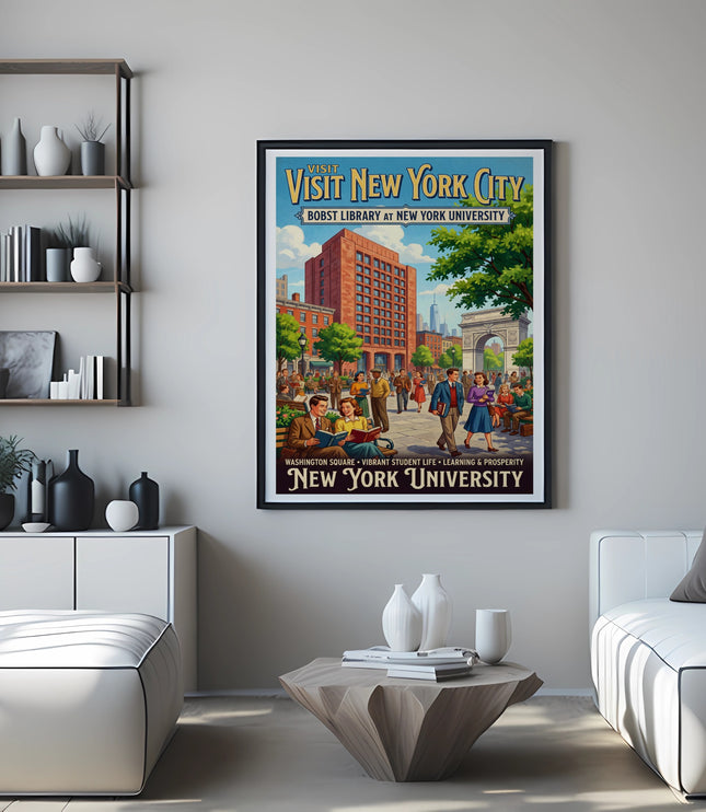 Vintage style poster of Bobst Library at New York University in Washington Square.