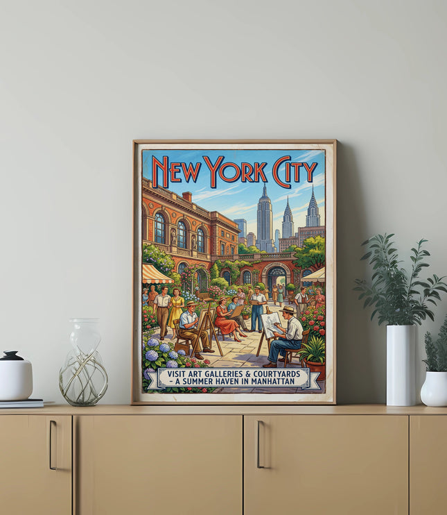 New York City poster with artists painting in a courtyard below the Empire State Building.