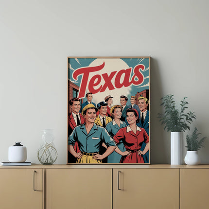 Vintage poster of smiling people in retro clothing with "TEXAS" in large text.