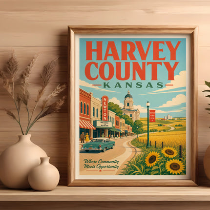 Framed vintage-style poster for Harvey County, Kansas, featuring Newton main street.