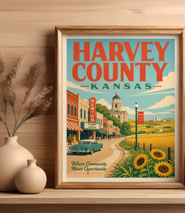 Framed vintage-style poster for Harvey County, Kansas, featuring Newton main street.