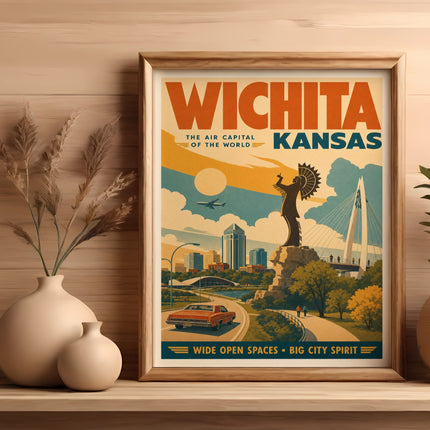 Wichita, Kansas travel poster with cityscape and text "The Air Capital of the World."