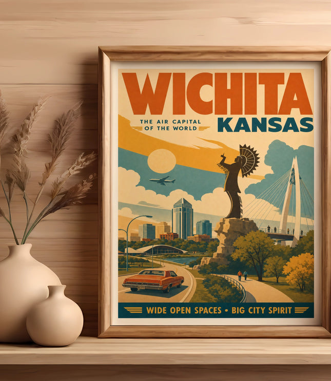 Wichita, Kansas travel poster with cityscape and text "The Air Capital of the World."