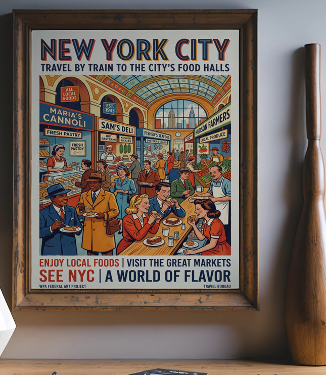 New York City travel poster with people enjoying food in markets.