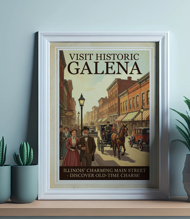 Vintage poster of Galena, Illinois showing a street scene with people and horse-drawn carriage.
