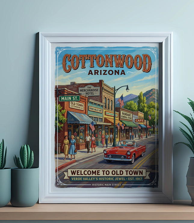 Cottonwood Arizona vintage poster "Welcome to Old Town" with Main Street art.