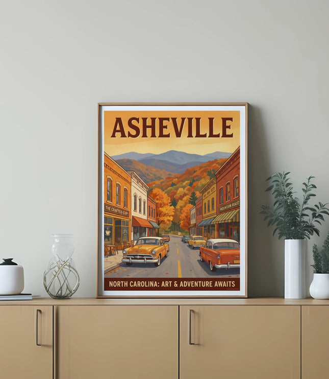 Asheville, North Carolina art print depicting a street scene with vintage cars and fall foliage.