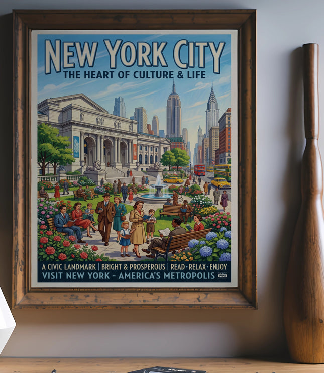 New York City vintage travel poster showing the New York Public Library and cityscape.