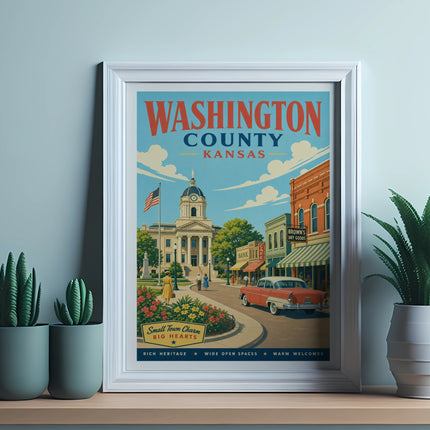 Vintage Washington County, Kansas travel poster with courthouse, classic car, and shops.