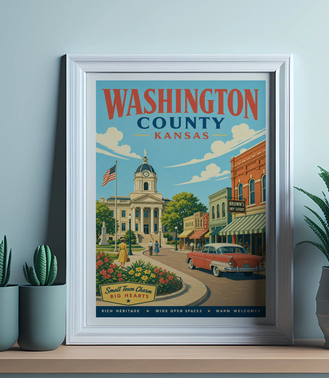Vintage Washington County, Kansas travel poster with courthouse, classic car, and shops.
