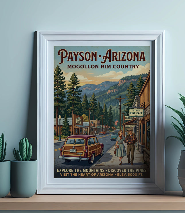 Payson Arizona Mogollon Rim Country vintage travel poster with couple and woody wagon.