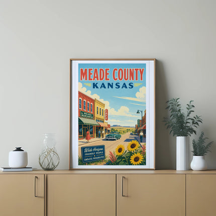 Meade County Kansas travel poster with vintage buildings and text.
