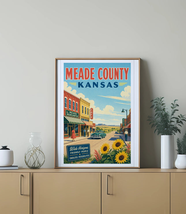 Meade County Kansas travel poster with vintage buildings and text.