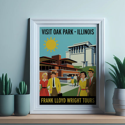 Frank Lloyd Wright Tours poster for Oak Park, Illinois, with sun and building.