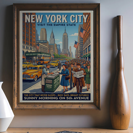 Vintage New York City poster depicting busy 5th Avenue on a sunny morning.