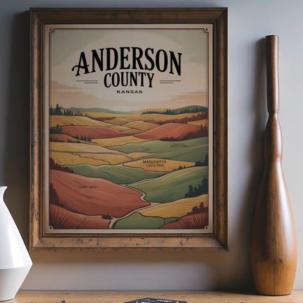 Anderson County Kansas map with rolling hills and text.