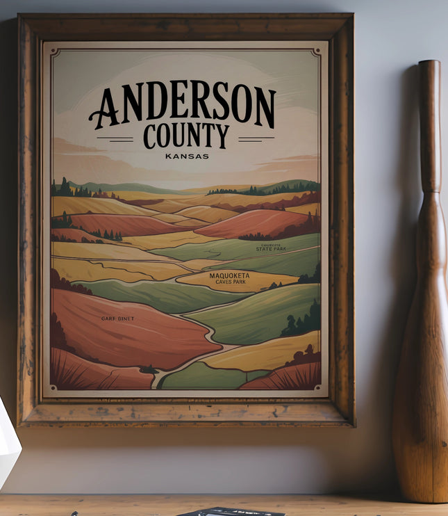 Anderson County Kansas map with rolling hills and text.