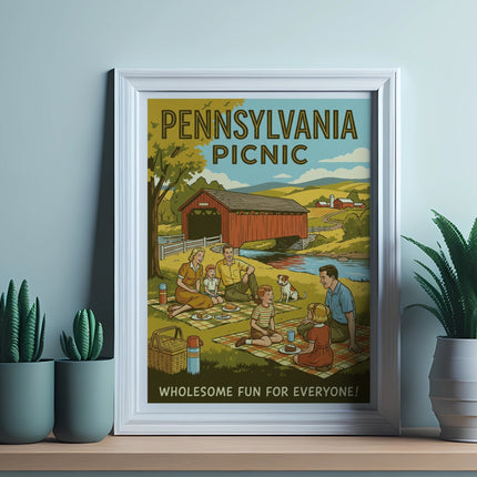 Vintage illustration of a Pennsylvania covered bridge picnic scene.