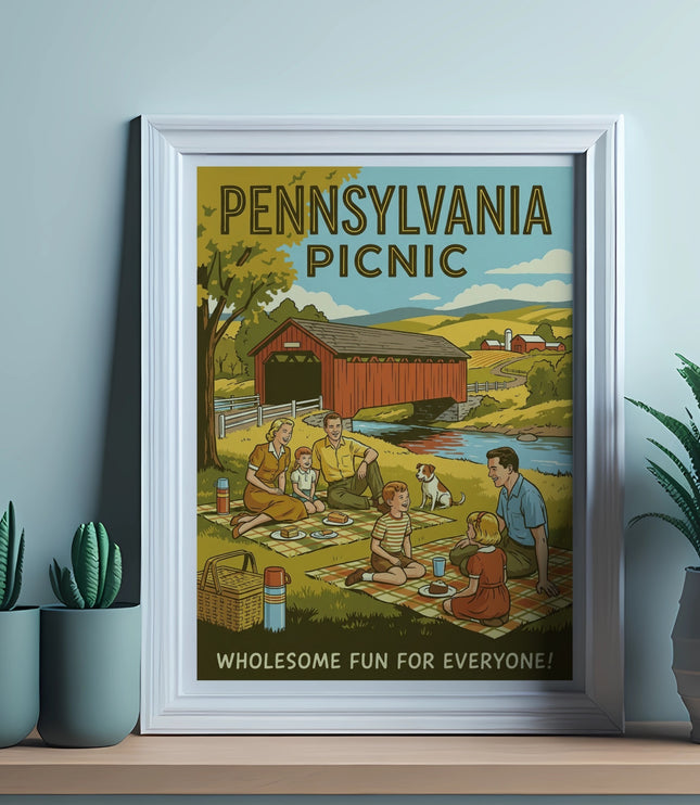 Vintage illustration of a Pennsylvania covered bridge picnic scene.