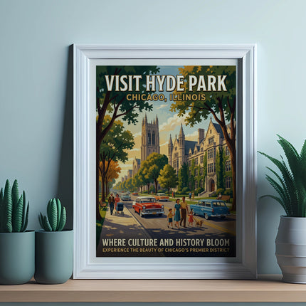 Vintage poster of Hyde Park, Chicago, showing buildings, trees, cars, and people.