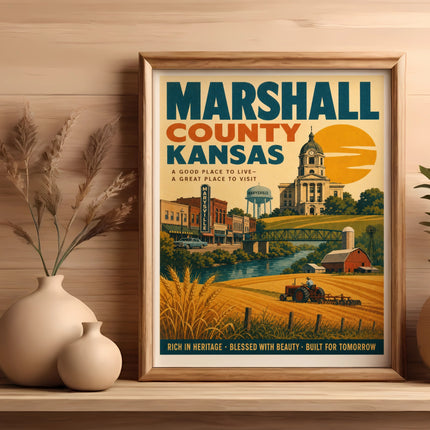 Marshall County Kansas vintage poster with text and illustration of Marysville.