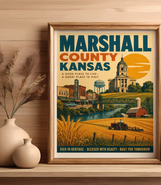Marshall County Kansas vintage poster with text and illustration of Marysville.