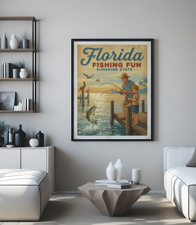 Vintage Florida Fishing Fun Sunshine State poster with father and son fishing.