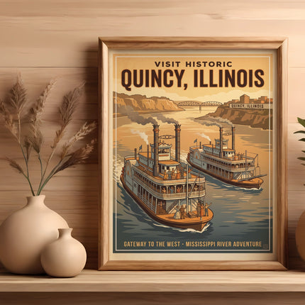 Vintage travel poster for Quincy, Illinois, featuring steamboats on a river.