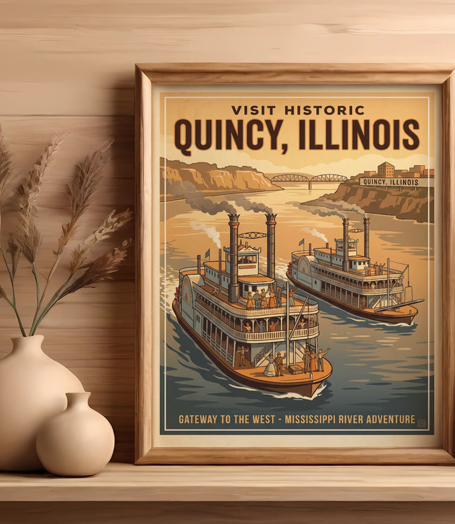 Vintage travel poster for Quincy, Illinois, featuring steamboats on a river.