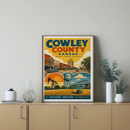 Cowley County, Kansas travel poster with illustrations of landmarks and text.